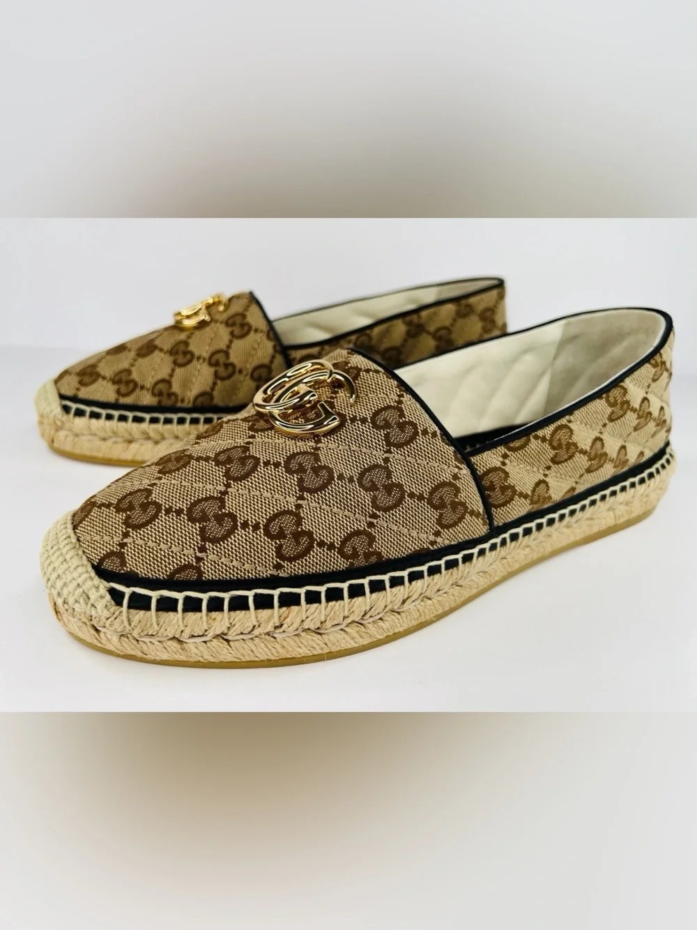 GUCCI Pilar GG Monogram Supreme Canvas Espadrille Logo Flat Loafers EU 40.5